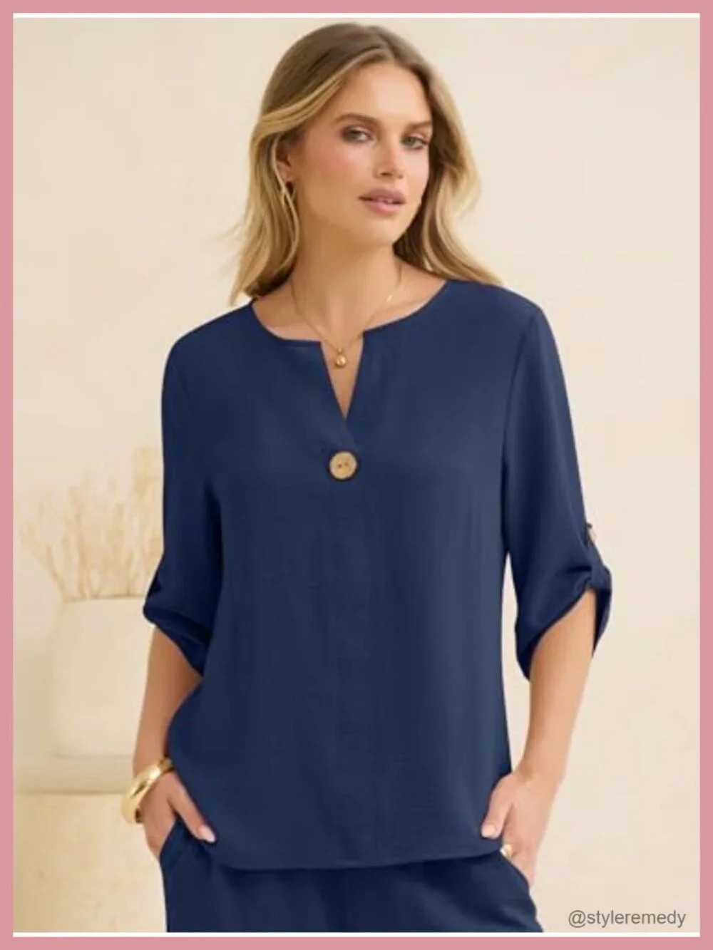 Women's 2 Piece Lounge Sets 3/4 Sleeve V Neck Shirt Wide Leg Pants Matching Set